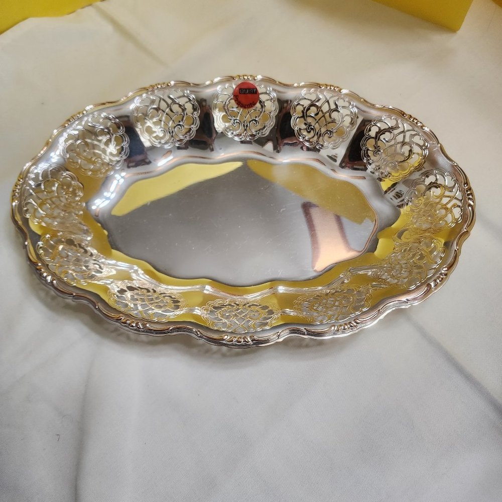Oval Scalloped Silver Plated Dish - W Germany Quist Prasente Ornate Filigree 12"